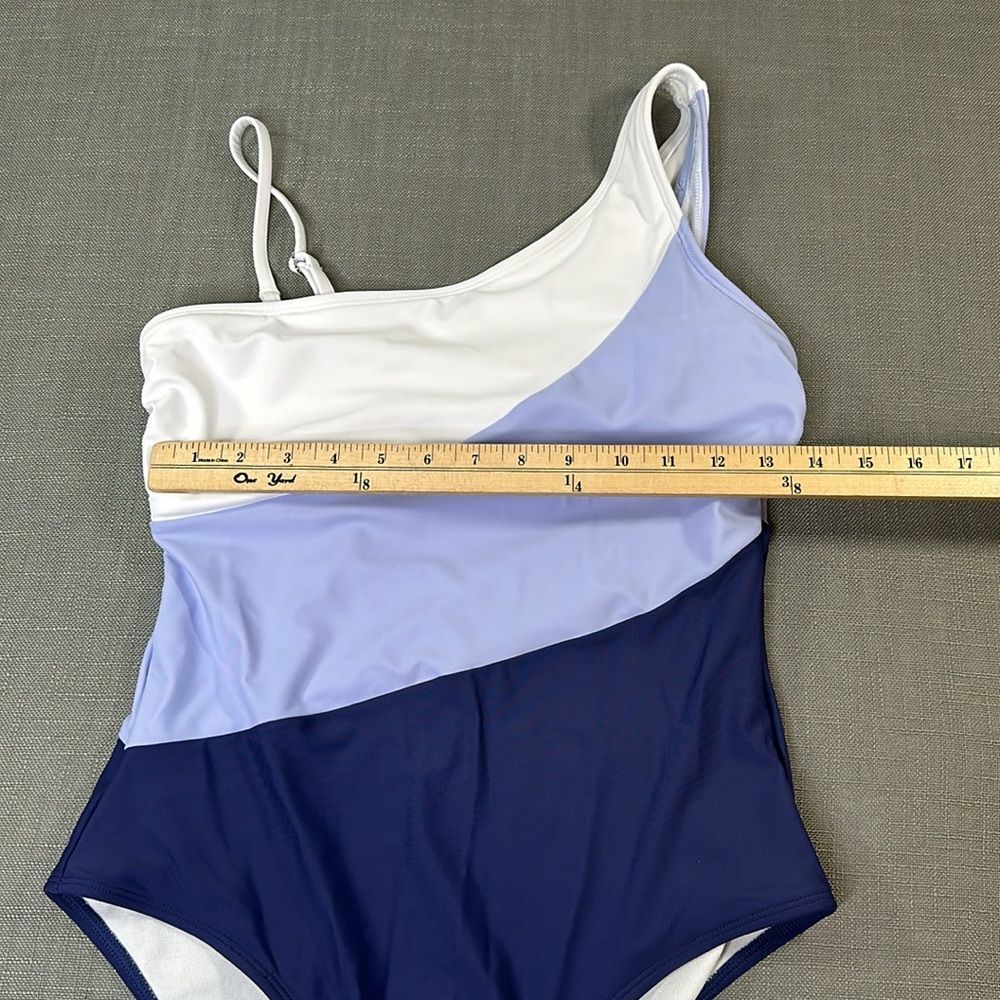 Cupshe Swimsuit Wm Medium Blue White Purple Stripe One Shoulder One Piece - Picture 13 of 14